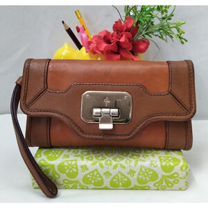 Cole Haan Isabelle Valise II Orange Leather Pushlock Wristlet Bifold Wallet